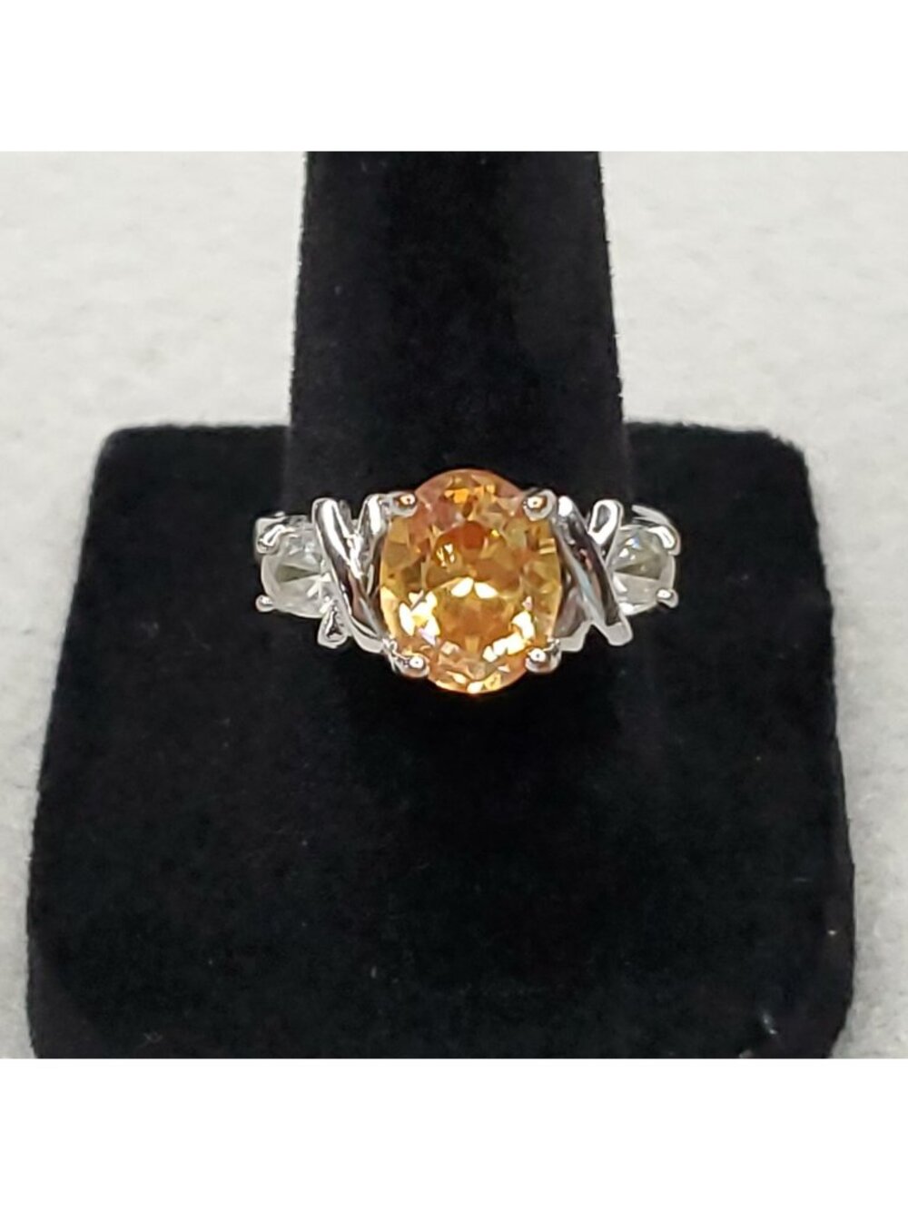 Rhinestone Ring Sz 7 Yellow Orange Solitaire Silver Tone Clear Side Stones